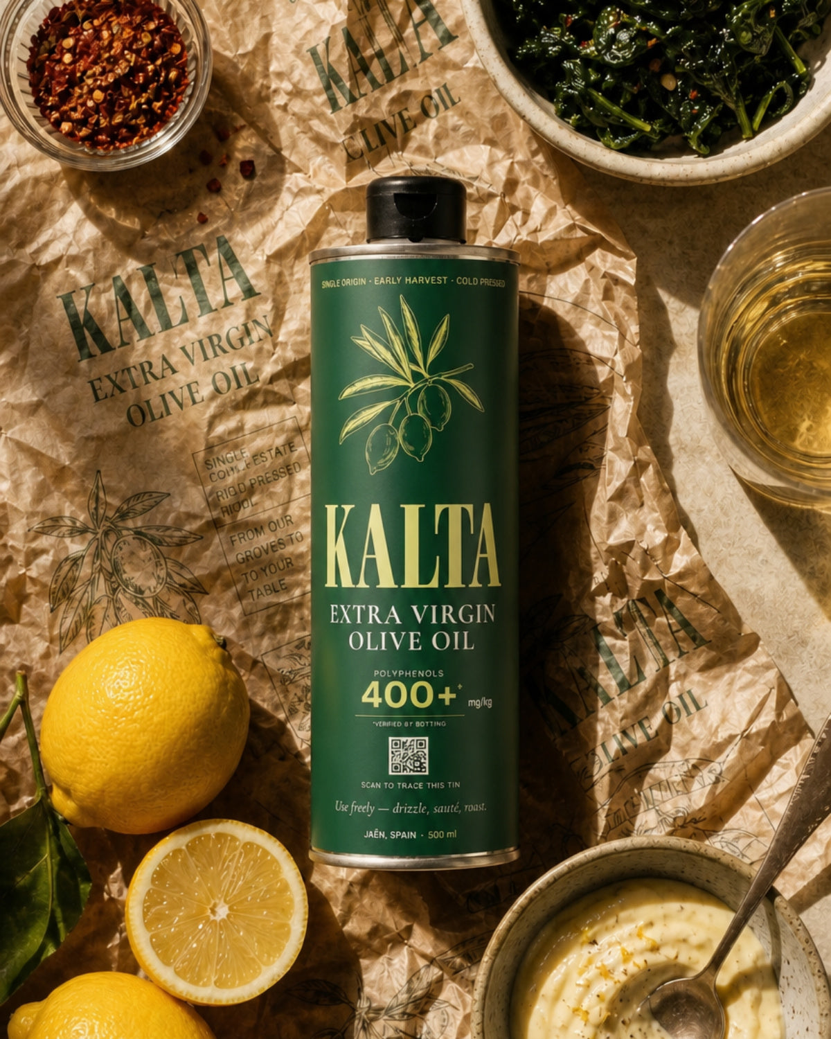 KALTA extra virgin olive oil — the 400+, 600+ and 1000+ polyphenol tins, single-origin Picual from Jaén