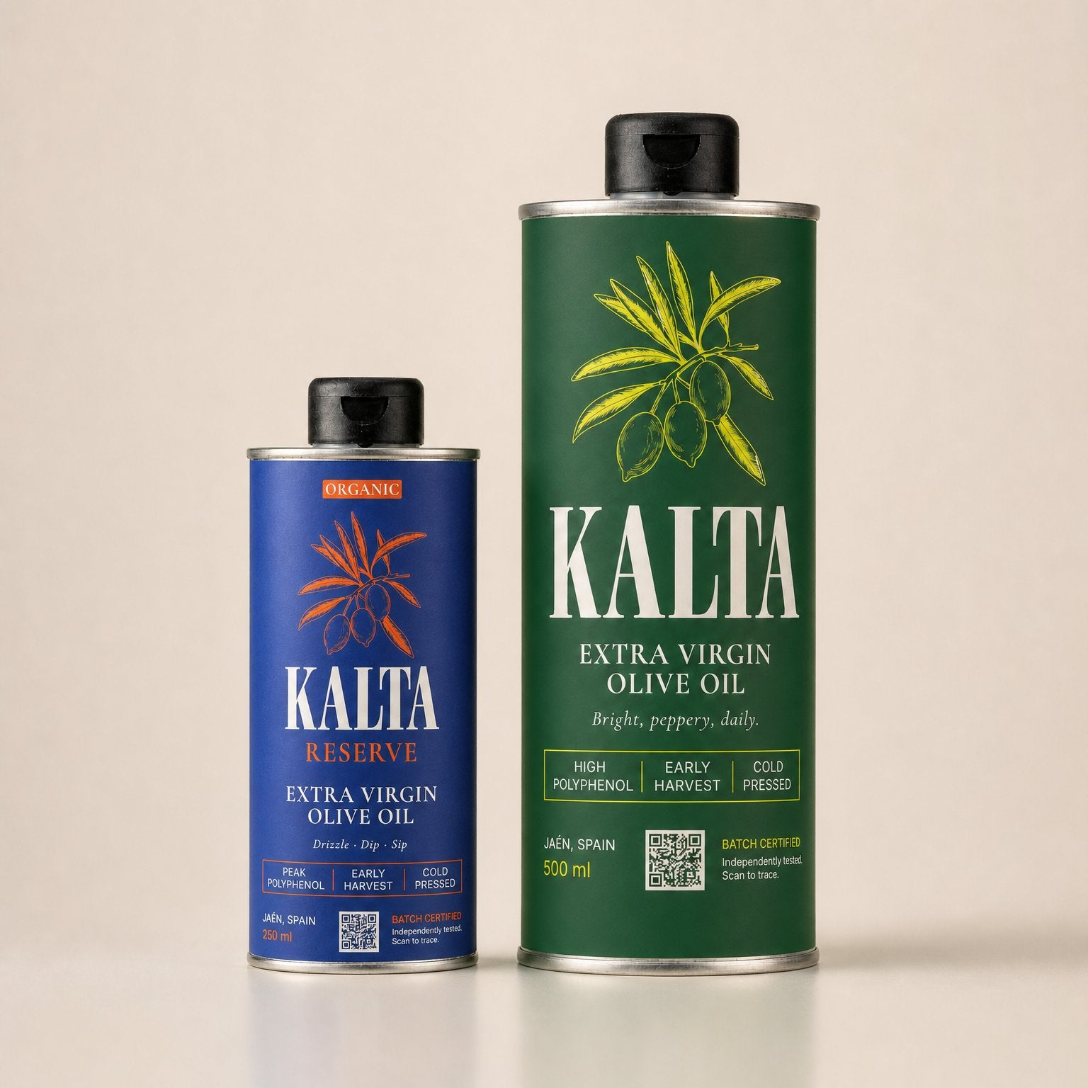 KALTA early-harvest extra virgin olive oil — single-origin Picual, on the table in Dubai