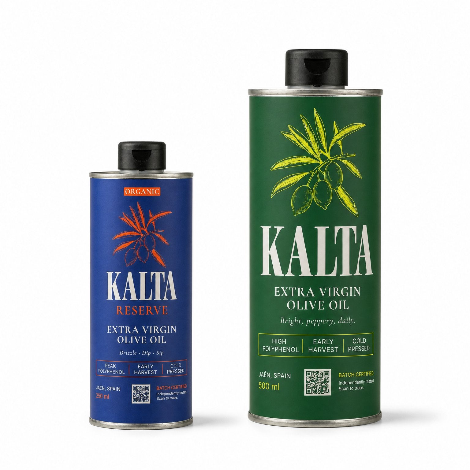 KALTA early-harvest extra virgin olive oil — single-origin Picual, on the table in Dubai