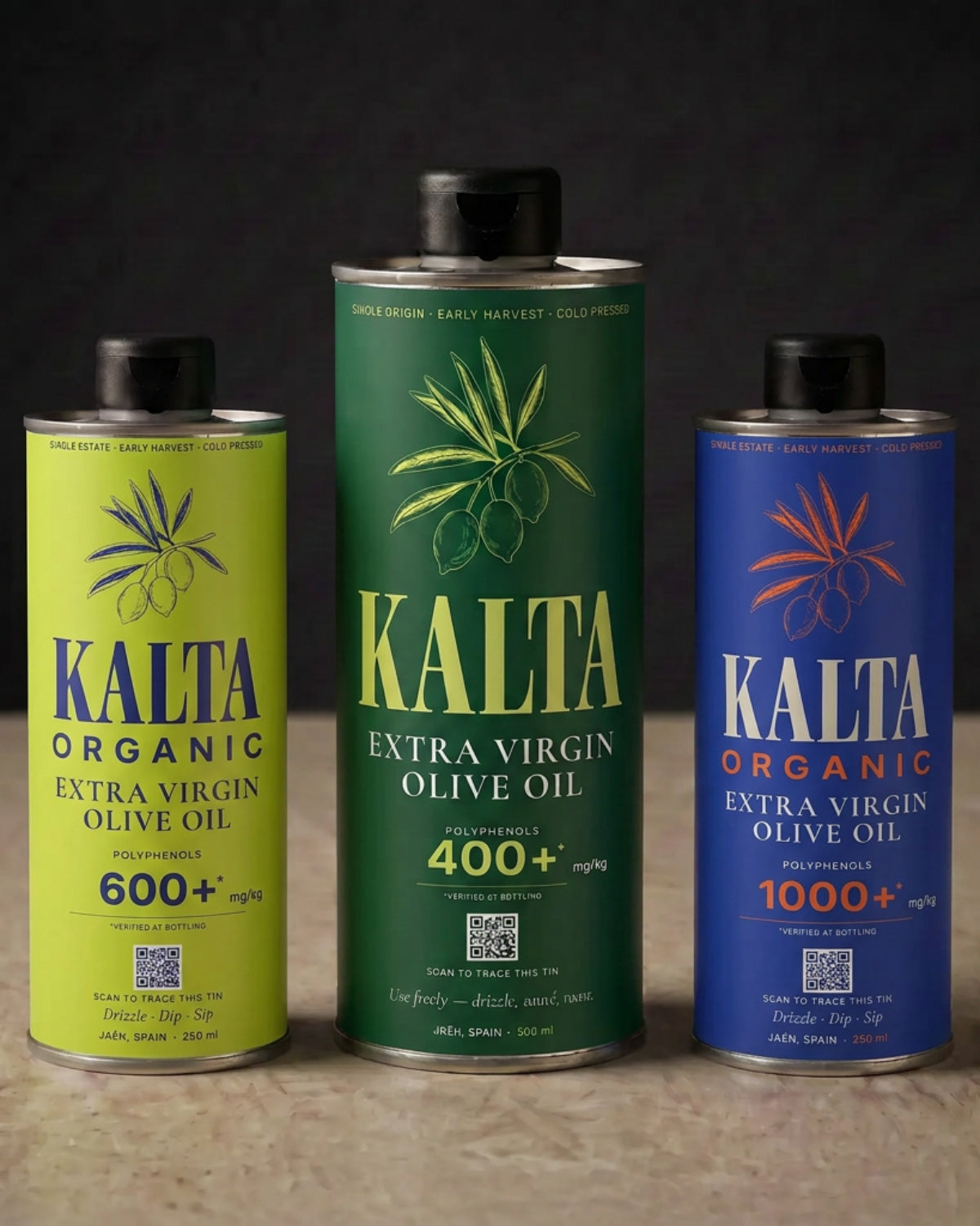 KALTA extra virgin olive oil — the 400+, 600+ and 1000+ polyphenol tins, single-origin Picual from Jaén