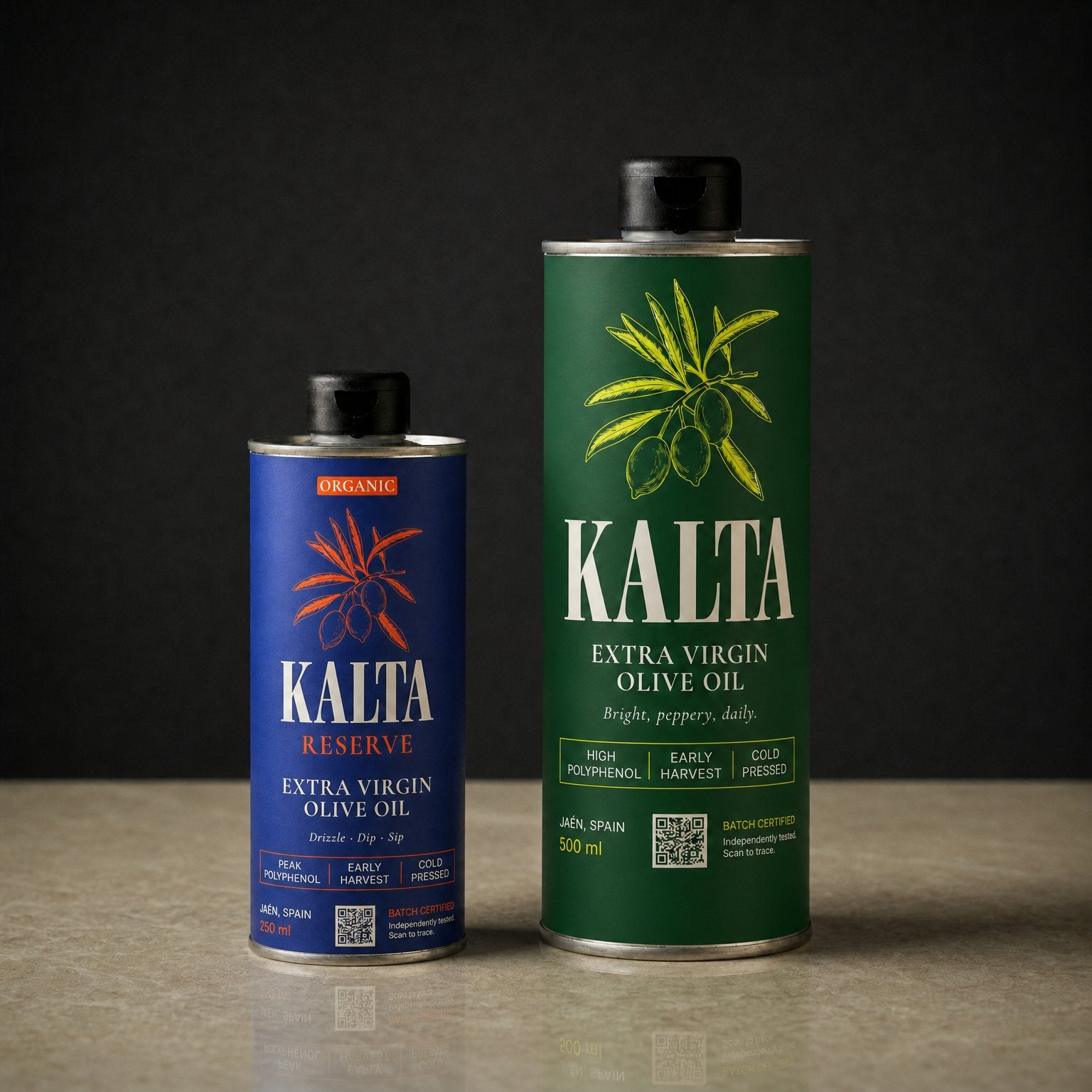 KALTA early-harvest extra virgin olive oil — single-origin Picual, on the table in Dubai