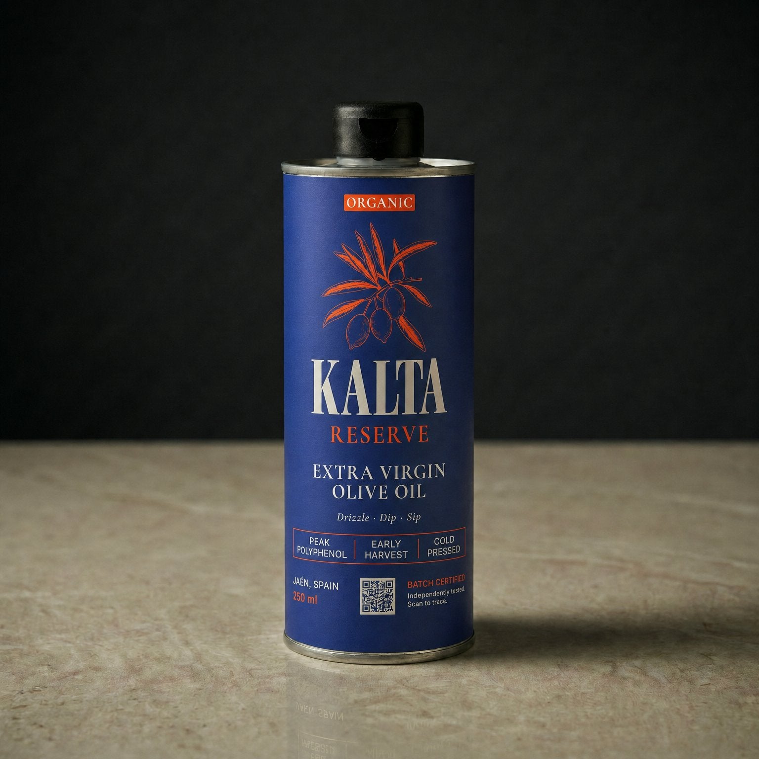 KALTA Reserve 250ml tin — peak-polyphenol organic extra virgin olive oil
